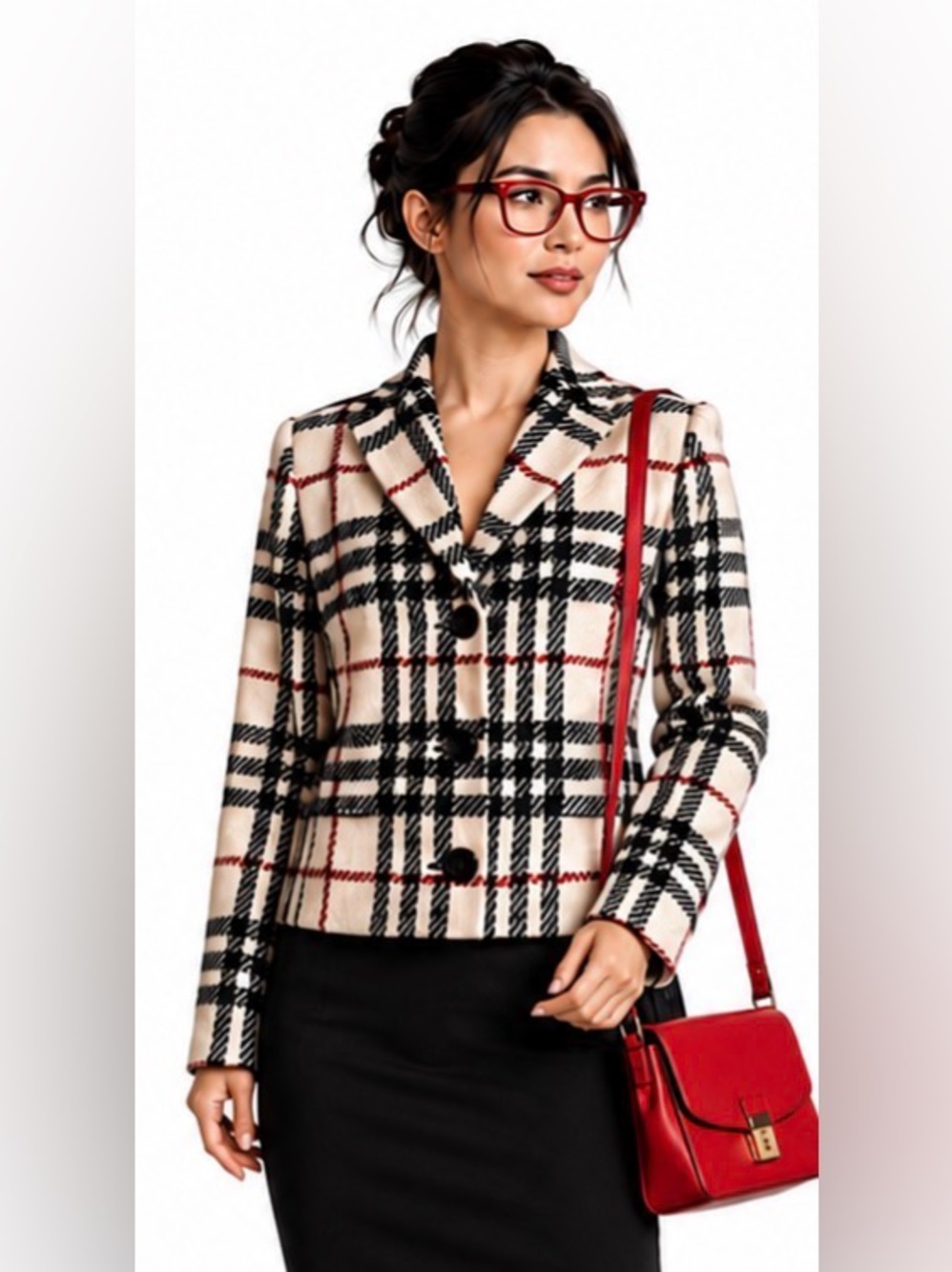 Vintage 90’s Louben Red-Cream-Black Plaid (Similar to Burberry)Cropped Jacket(8) - Picture 11 of 11